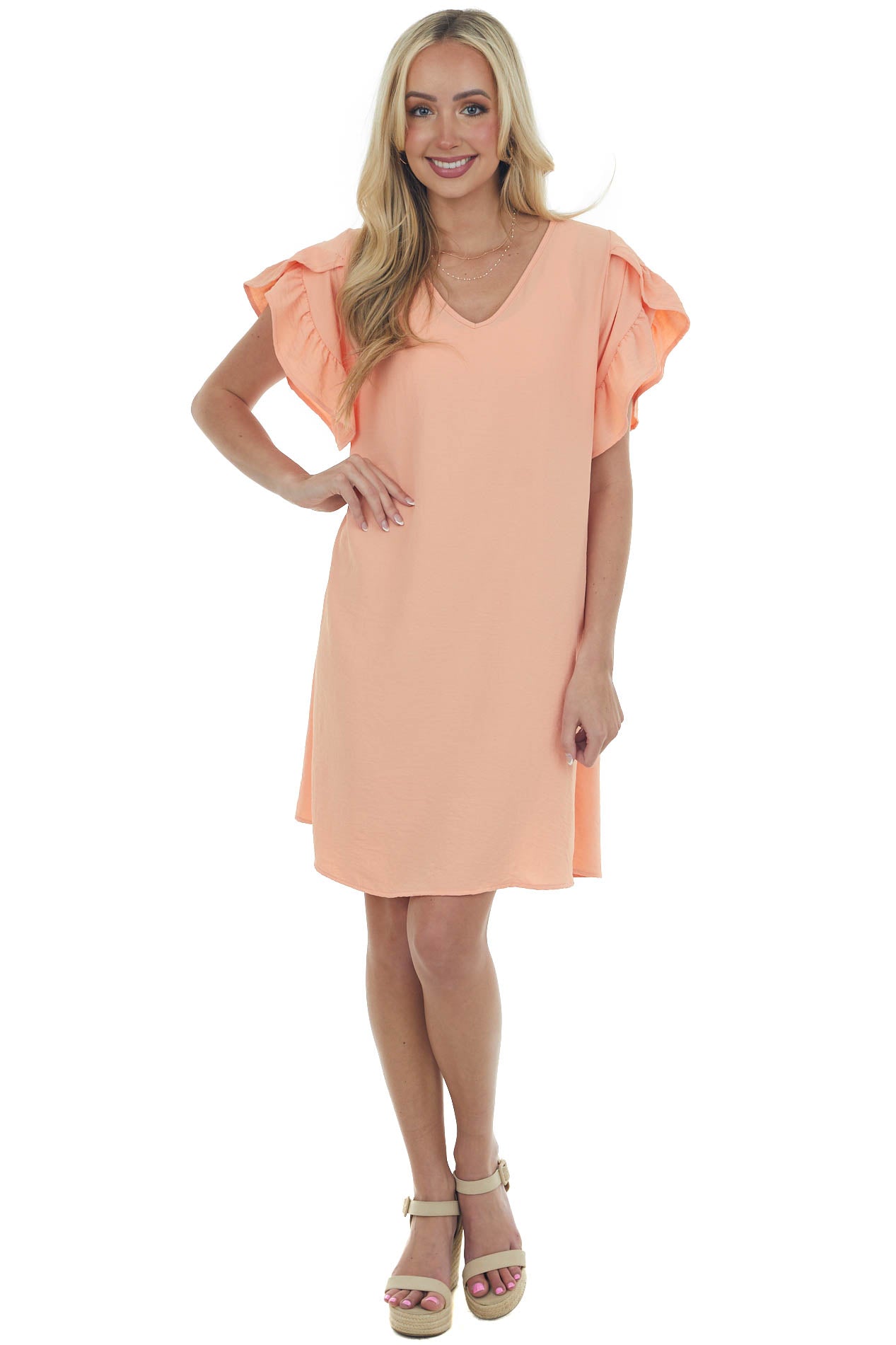 Peach V Neck Short Ruffle Sleeve Woven Dress