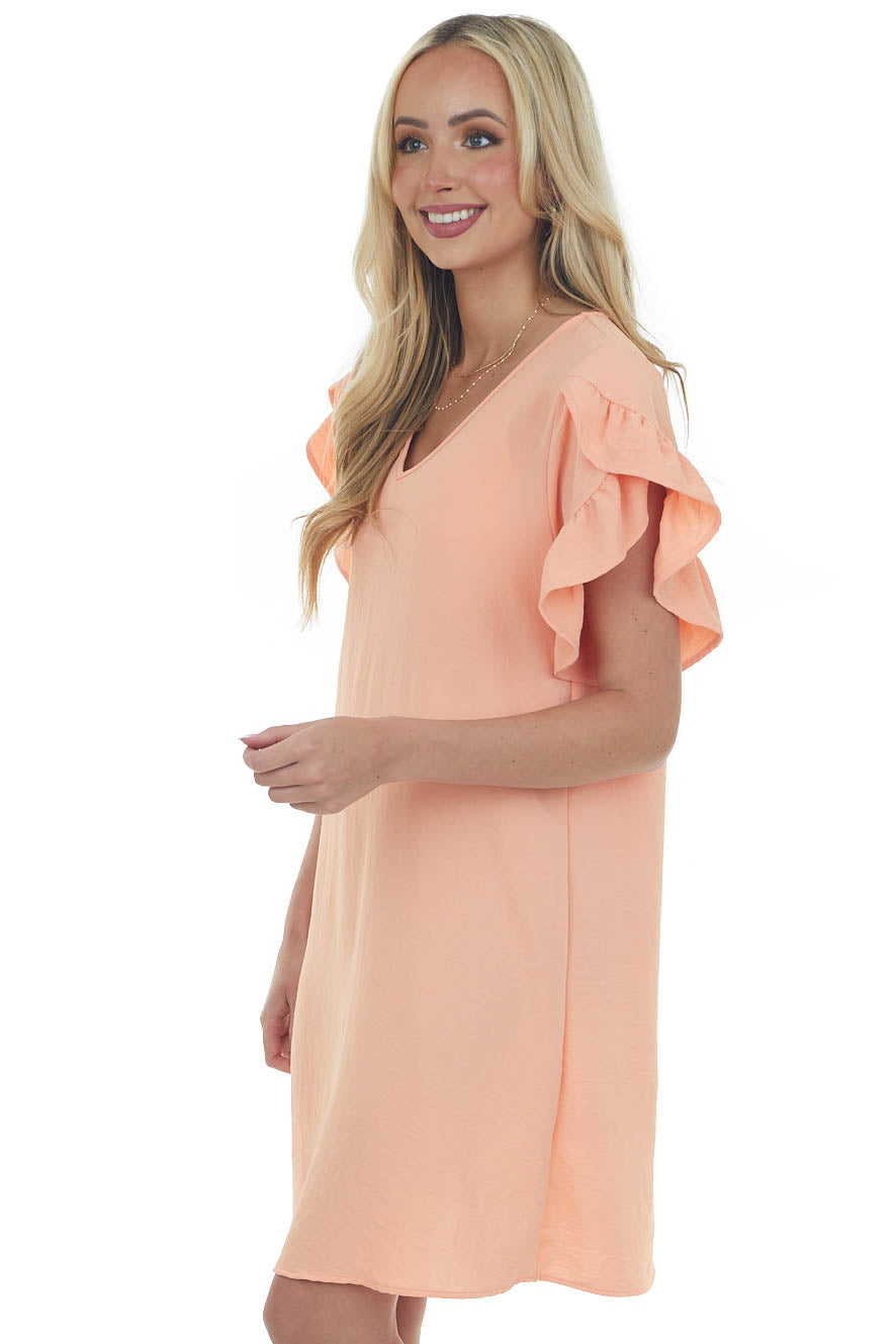 Peach V Neck Short Ruffle Sleeve Woven Dress