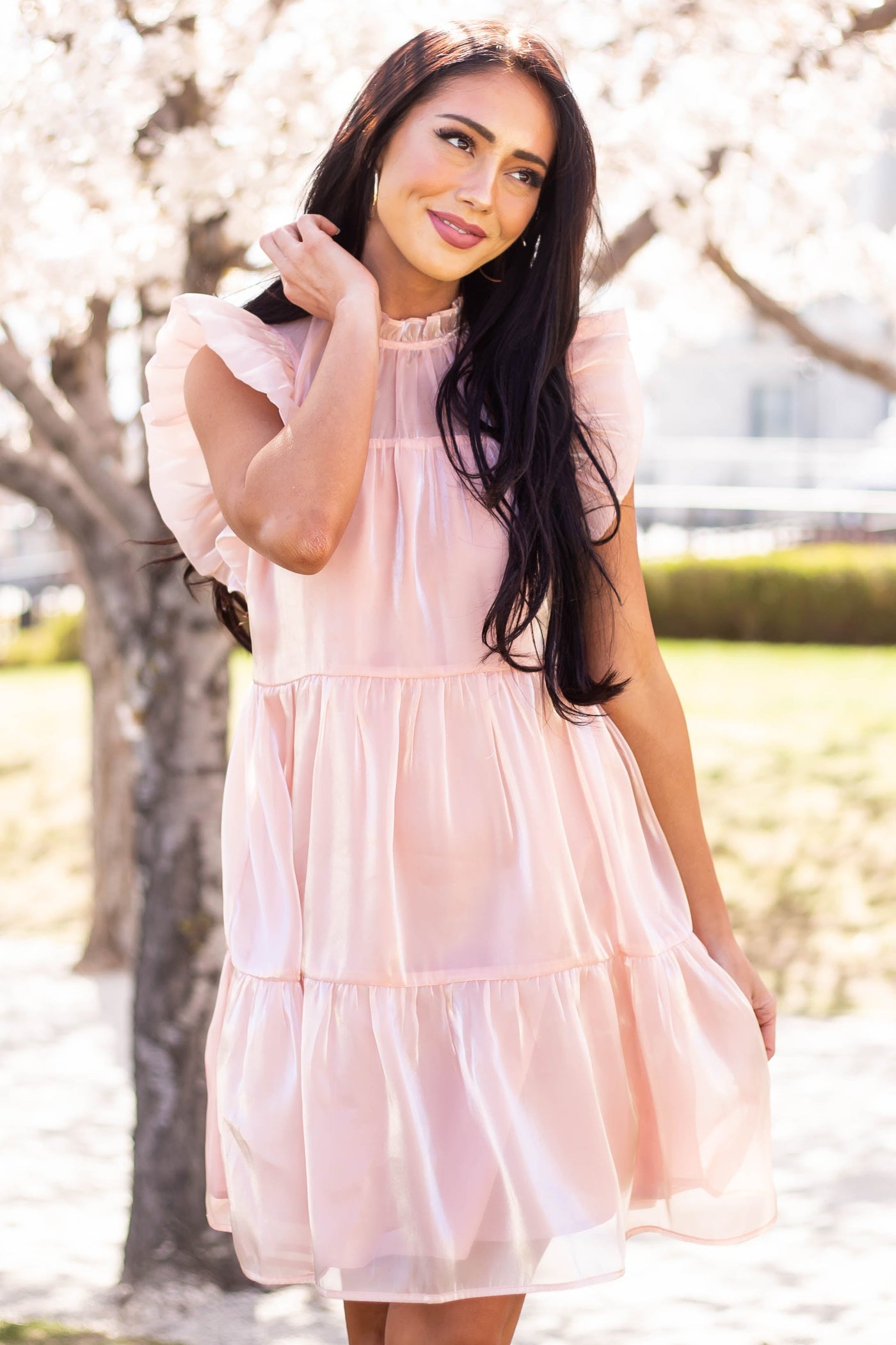 Peach Glossy Short Dress with Flutter Sleeves