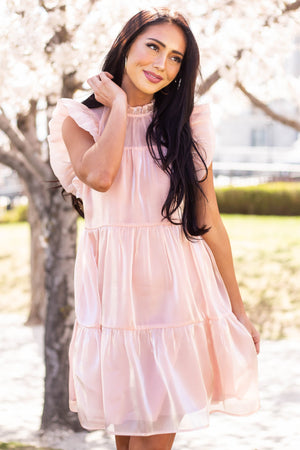 Peach Glossy Short Dress with Flutter Sleeves
