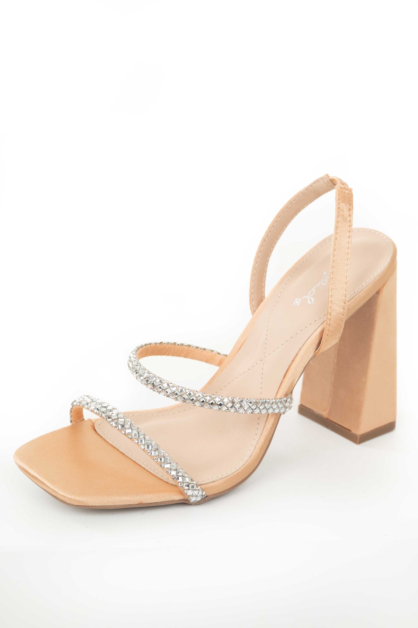 Peach Strappy Rhinestone Detail Satin Block Heels