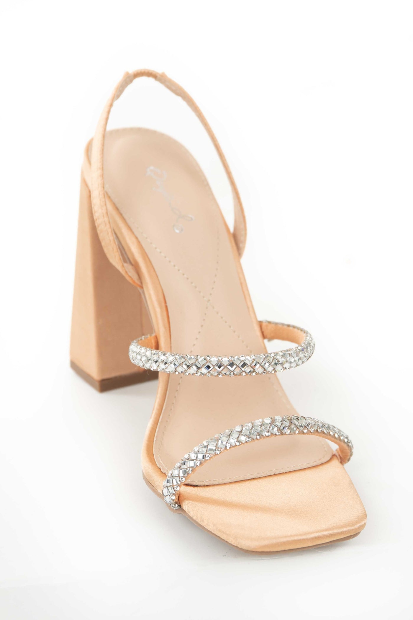 Peach Strappy Rhinestone Detail Satin Block Heels