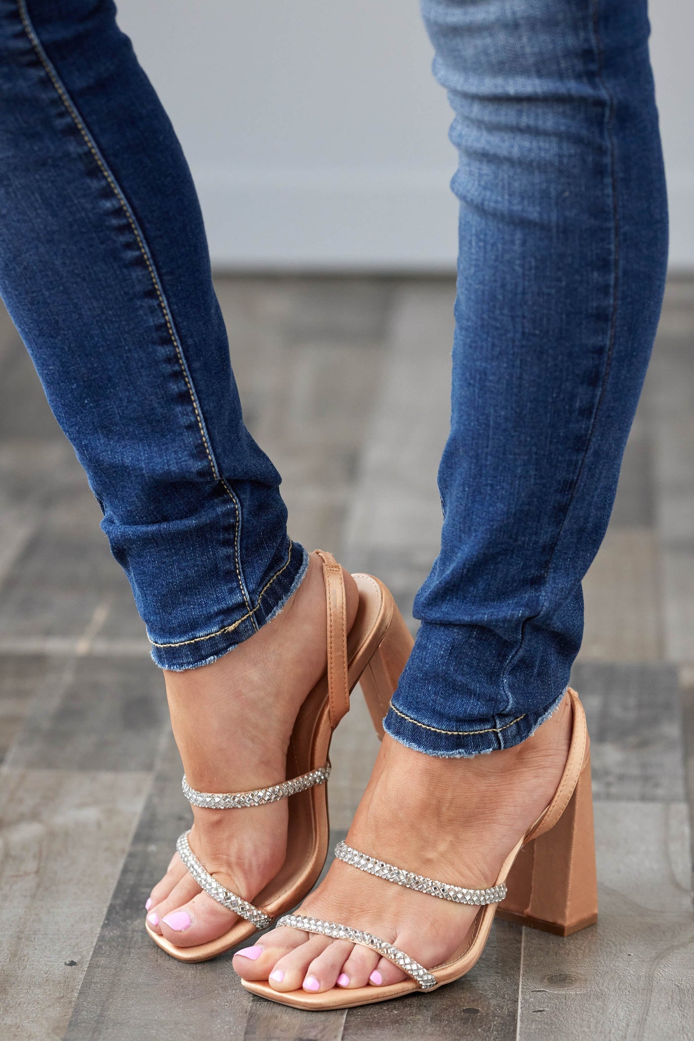 Peach Strappy Rhinestone Detail Satin Block Heels