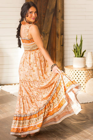 Peach Printed Sleeveless Smocked Maxi Dress