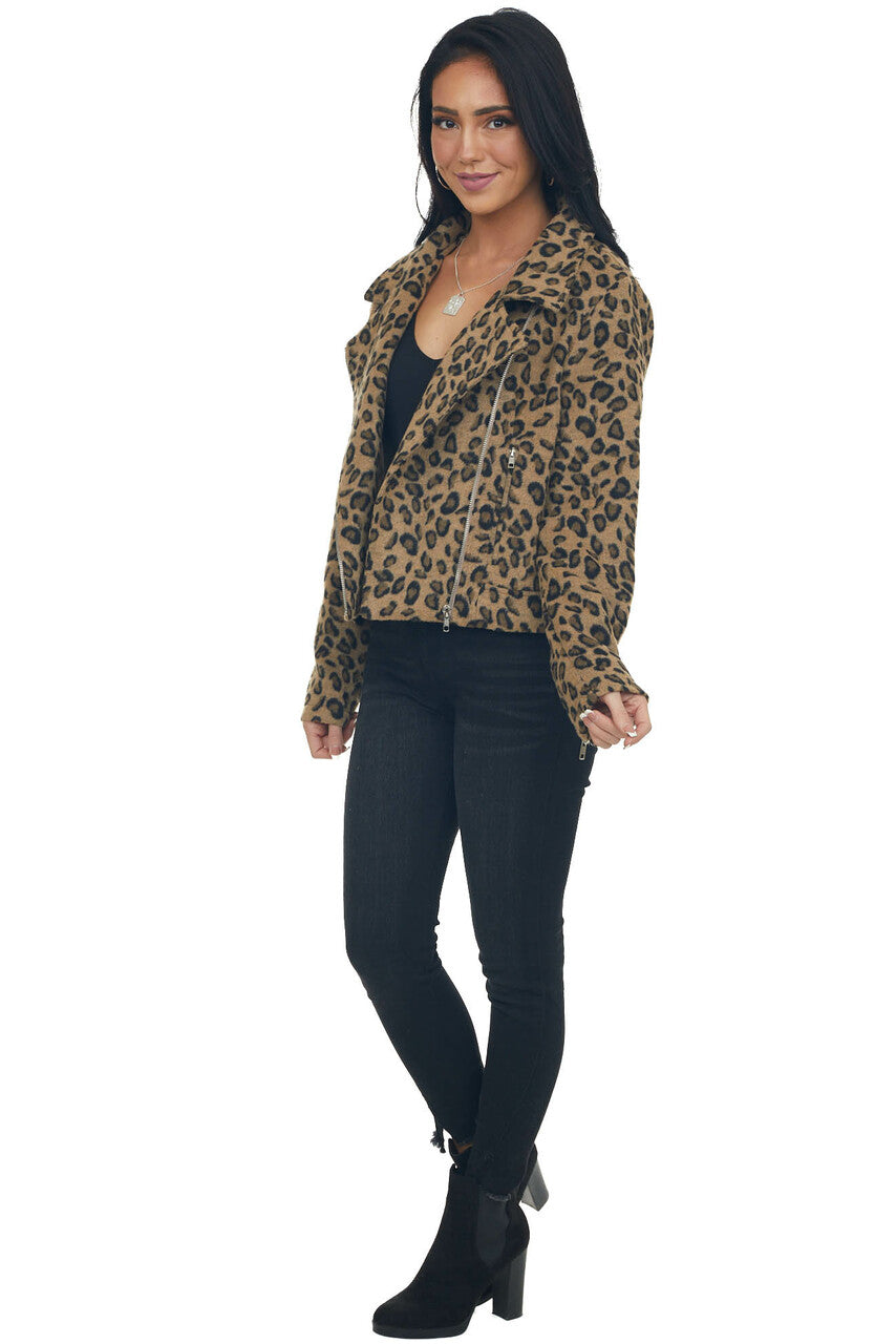 Peanut Brown Leopard Brushed Knit Moto Jacket 