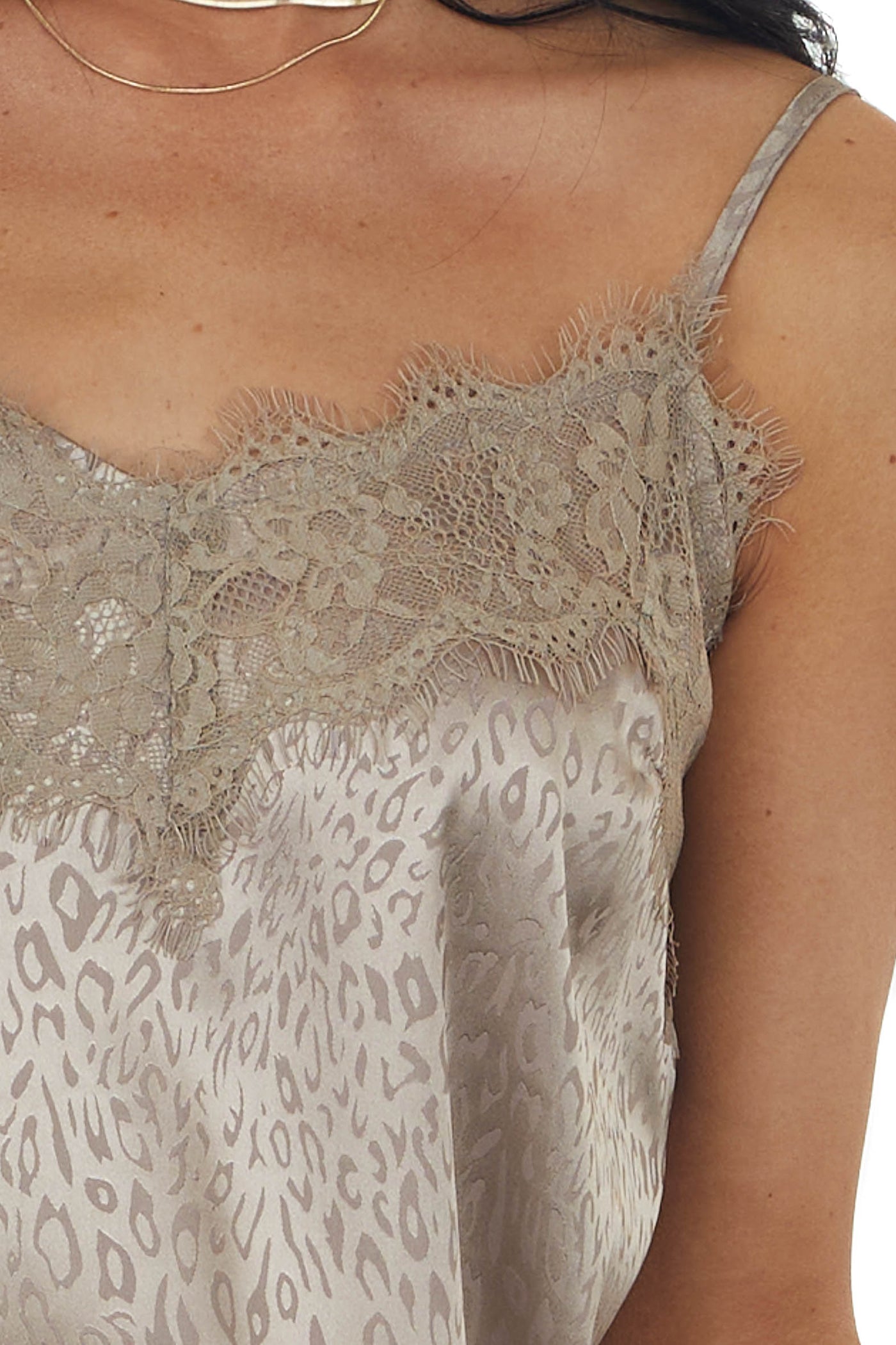 Peanut Leopard Print Frayed Lace Neckline Camisole Blouse