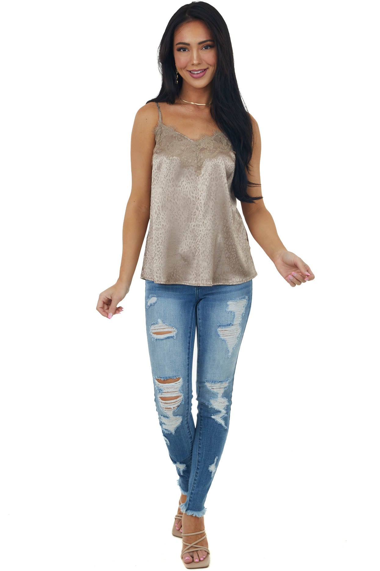 Peanut Leopard Print Frayed Lace Neckline Camisole Blouse