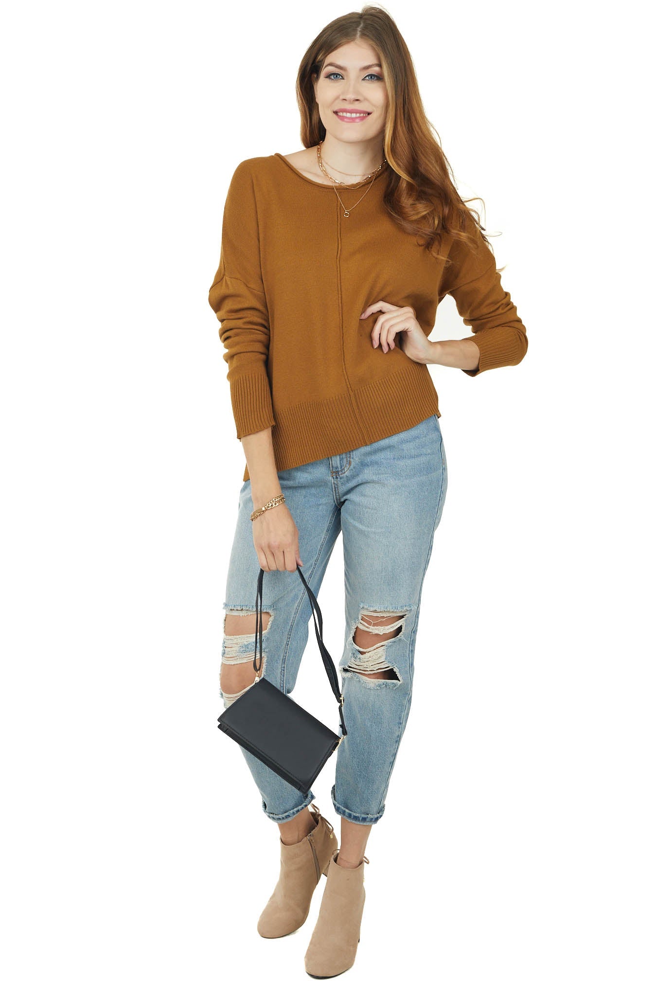 Peanut Long Sleeve Rounded Neckline Knit Sweater