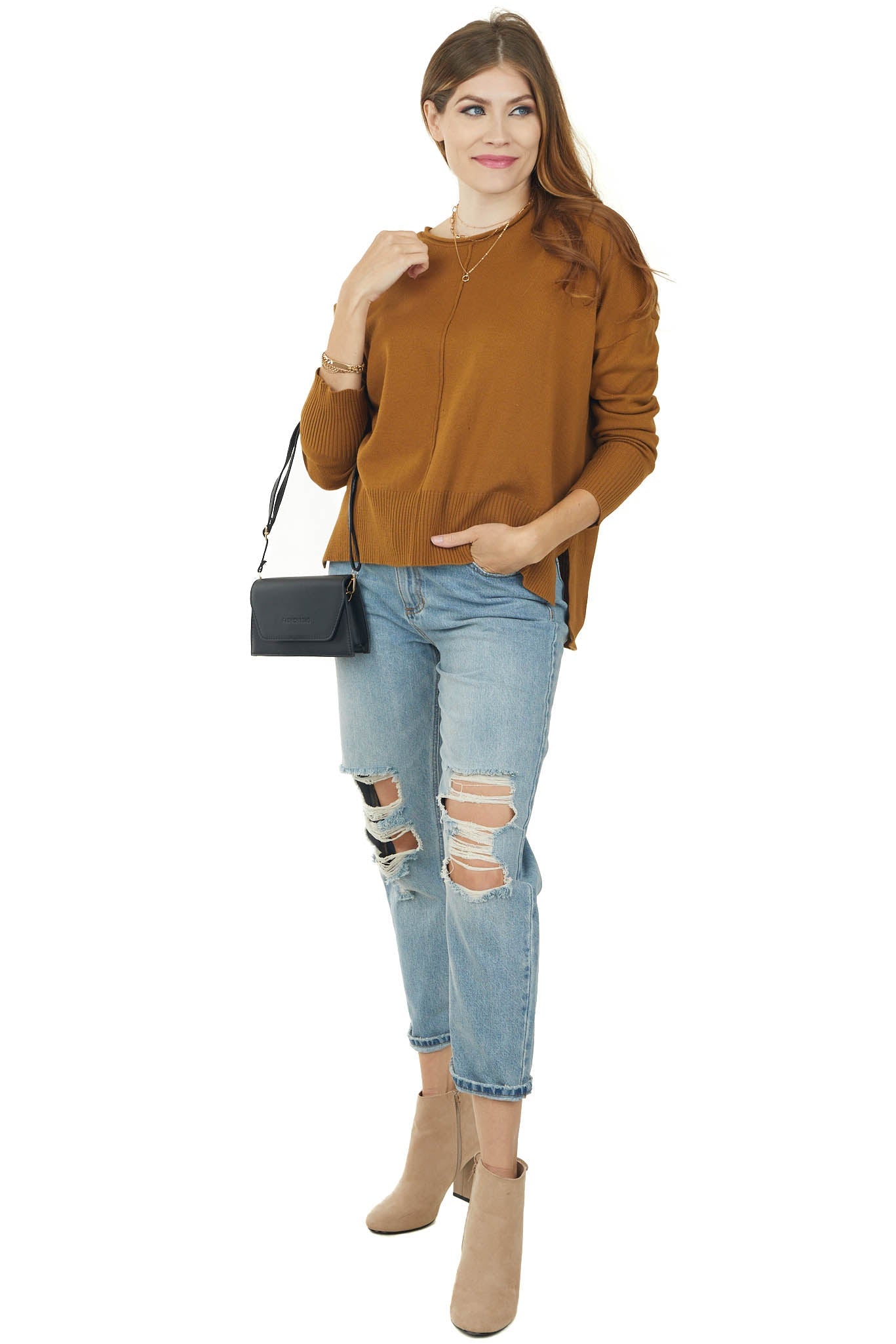 Peanut Long Sleeve Rounded Neckline Knit Sweater