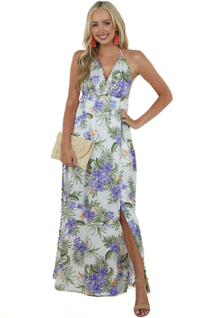 Pearl Floral Print Plunging V Neck Maxi Dress