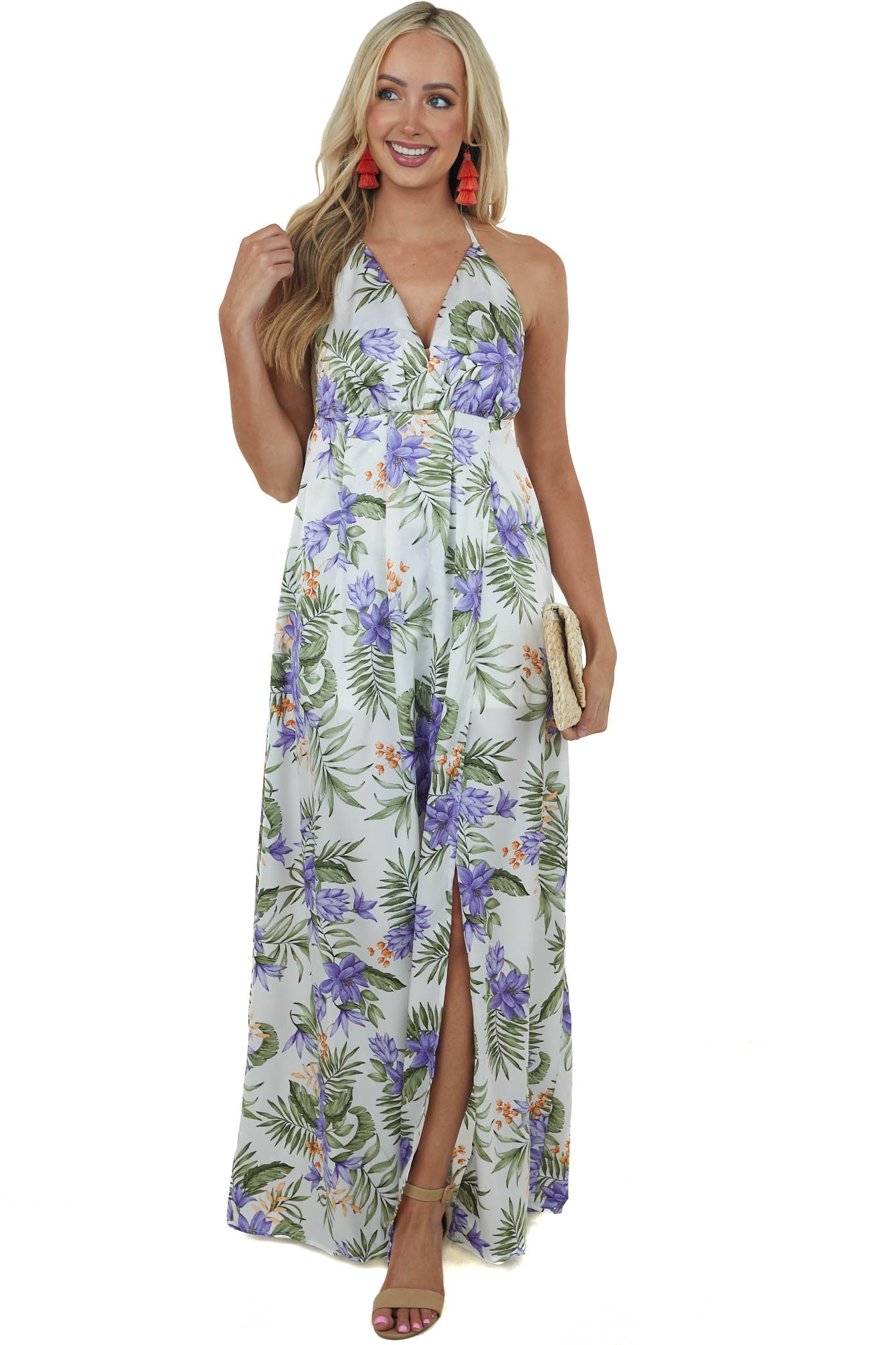 Pearl Floral Print Plunging V Neck Maxi Dress