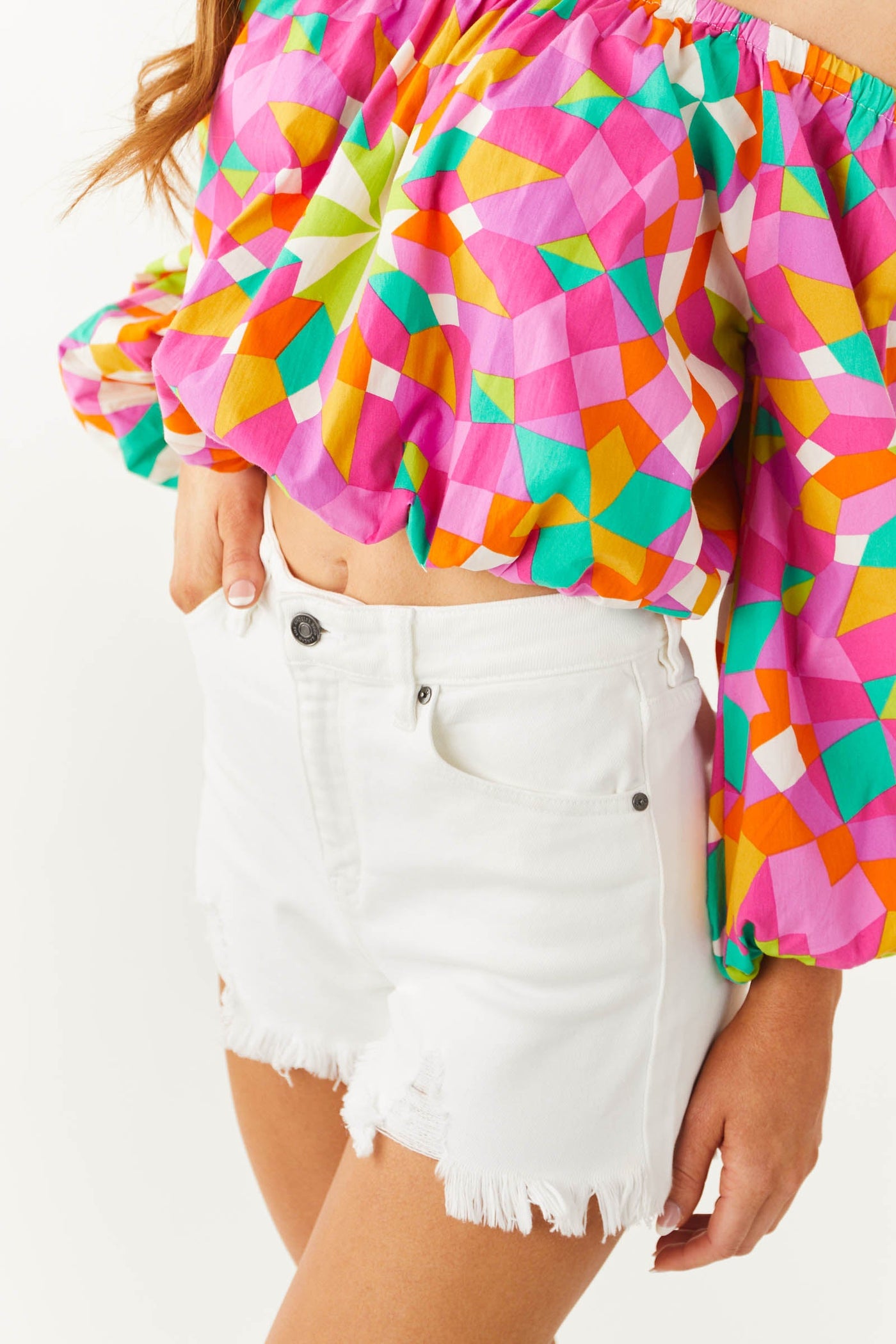 Pearl High Rise Distressed Denim Shorts with Frayed Hem