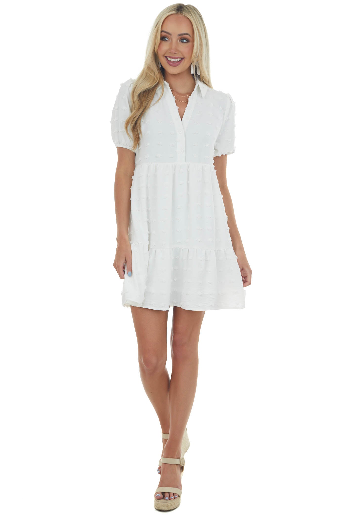 Pearl Swiss Dot Collared Tiered Short Dress