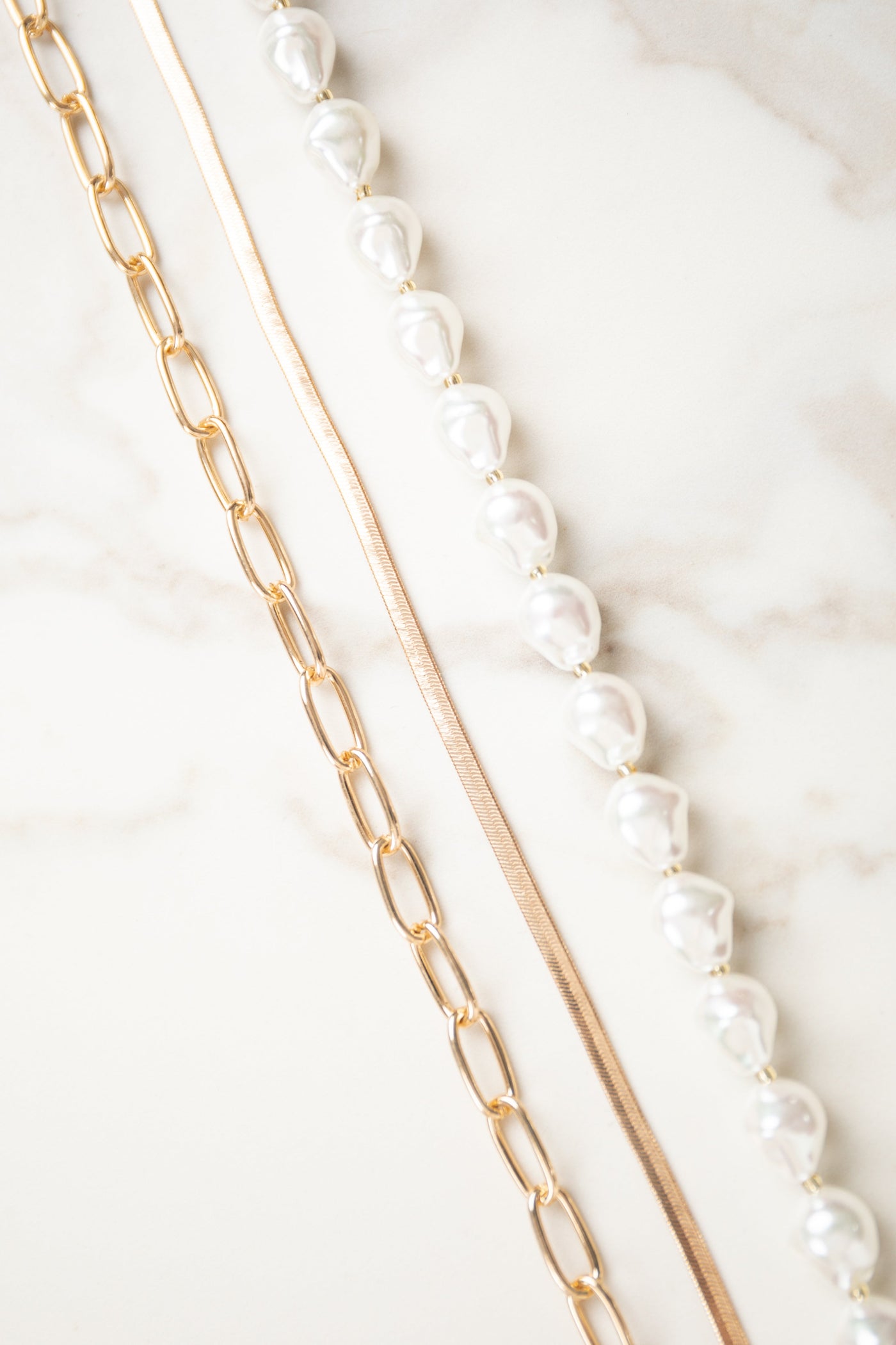 Pearl Bead and Gold Chain 3 Piece Necklace Set