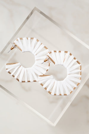 Pearl White Raffia Weave Hexagonal Hoop Earrings