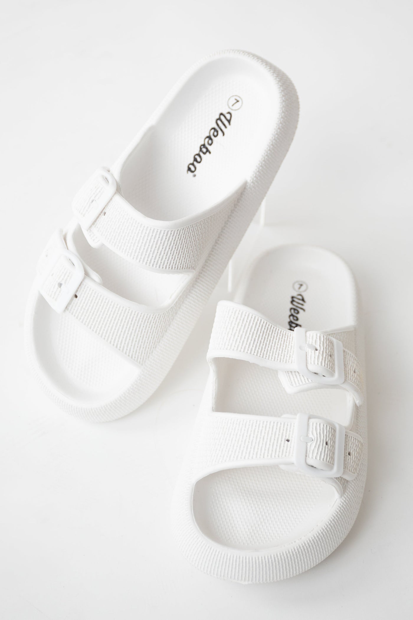 Pearl White Textured Double Strap Slip On Sandals