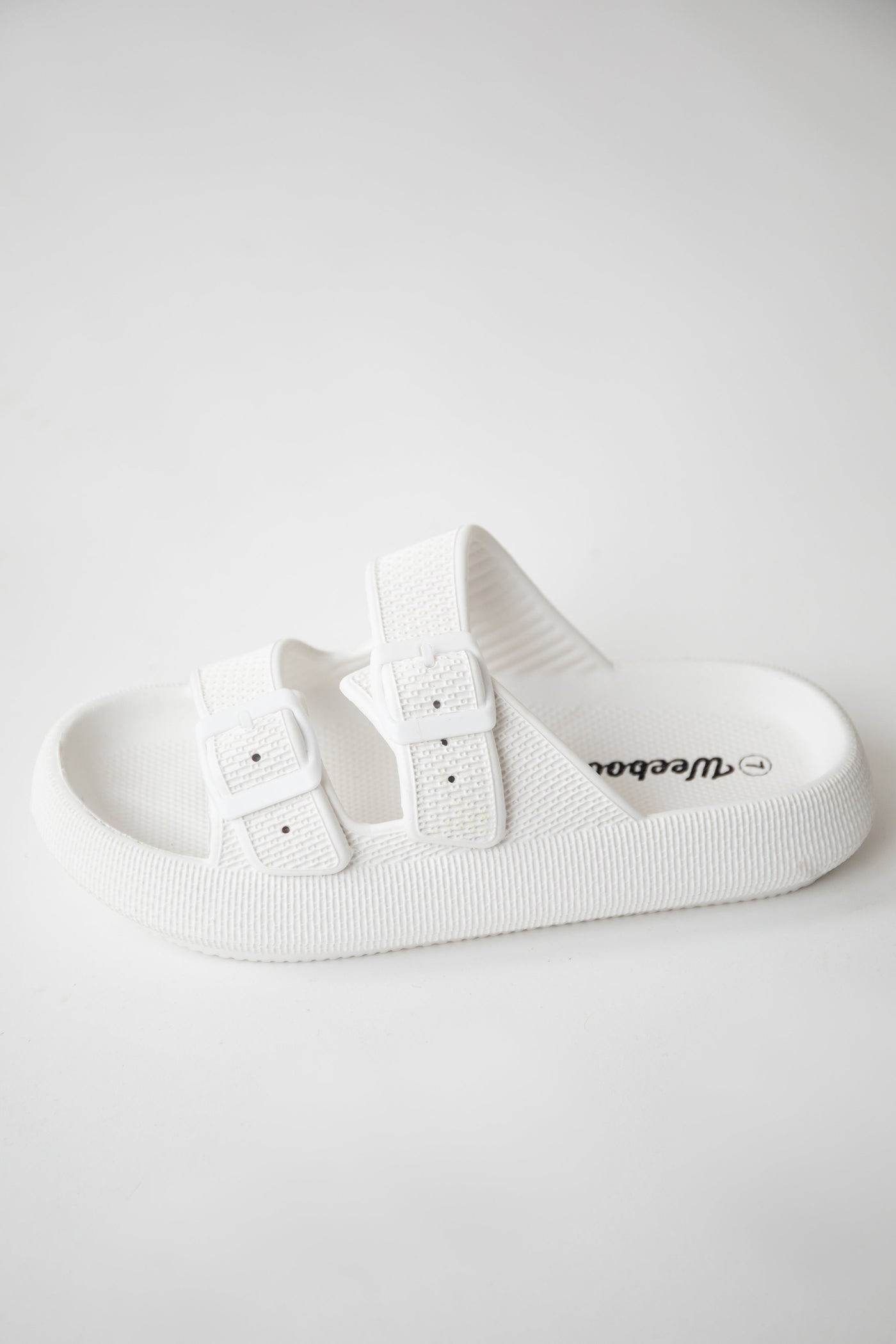 Pearl White Textured Double Strap Slip On Sandals