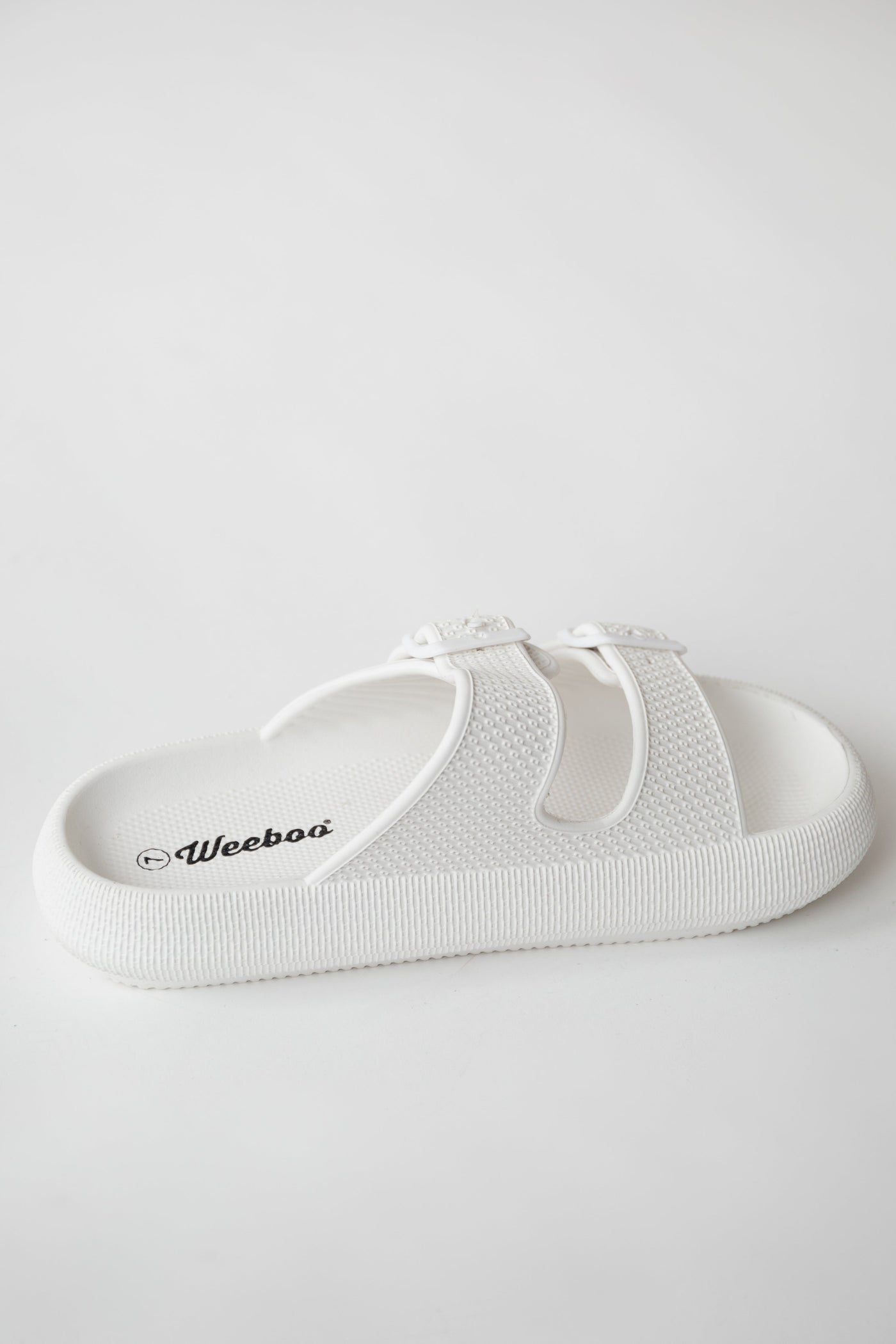 Pearl White Textured Double Strap Slip On Sandals