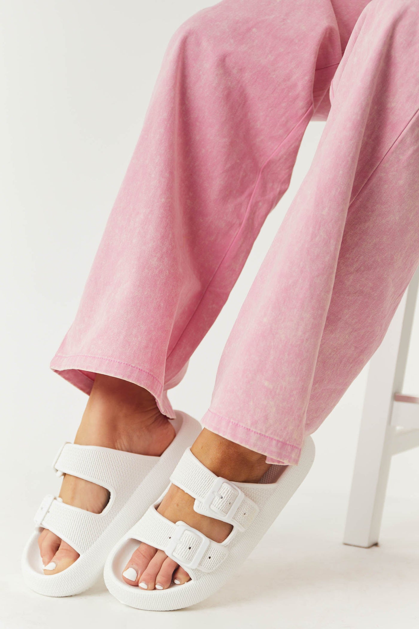 Pearl White Textured Double Strap Slip On Sandals