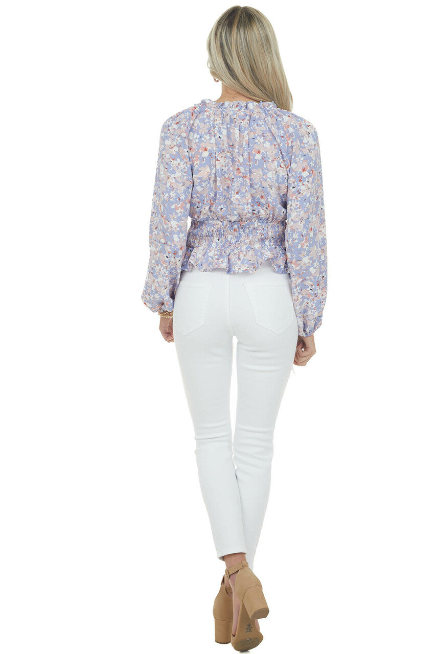Periwinkle Floral Print Surplice Peplum Blouse