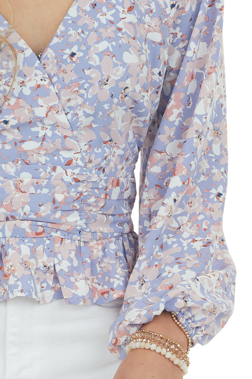 Periwinkle Floral Print Surplice Peplum Blouse