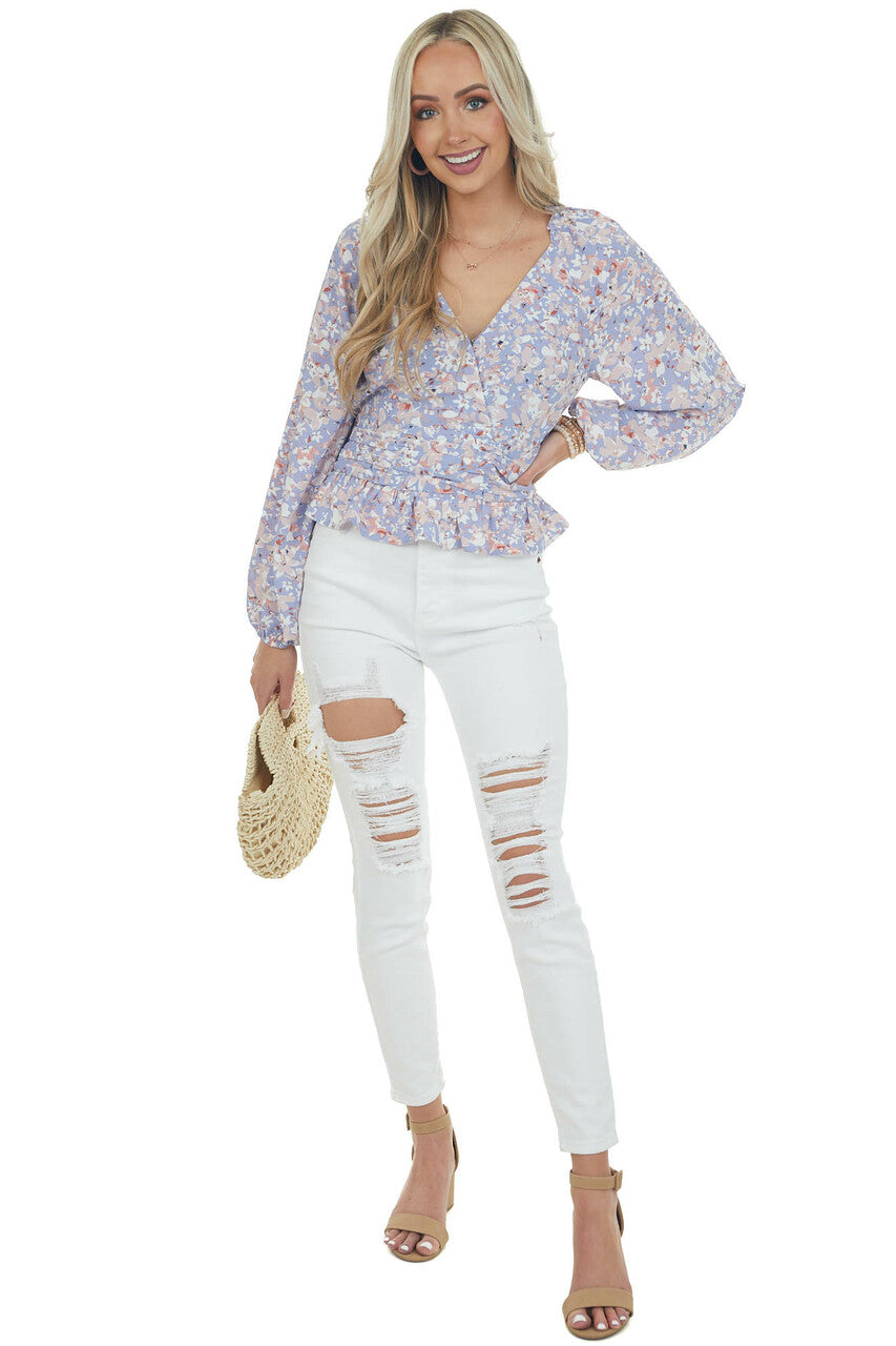 Periwinkle Floral Print Surplice Peplum Blouse
