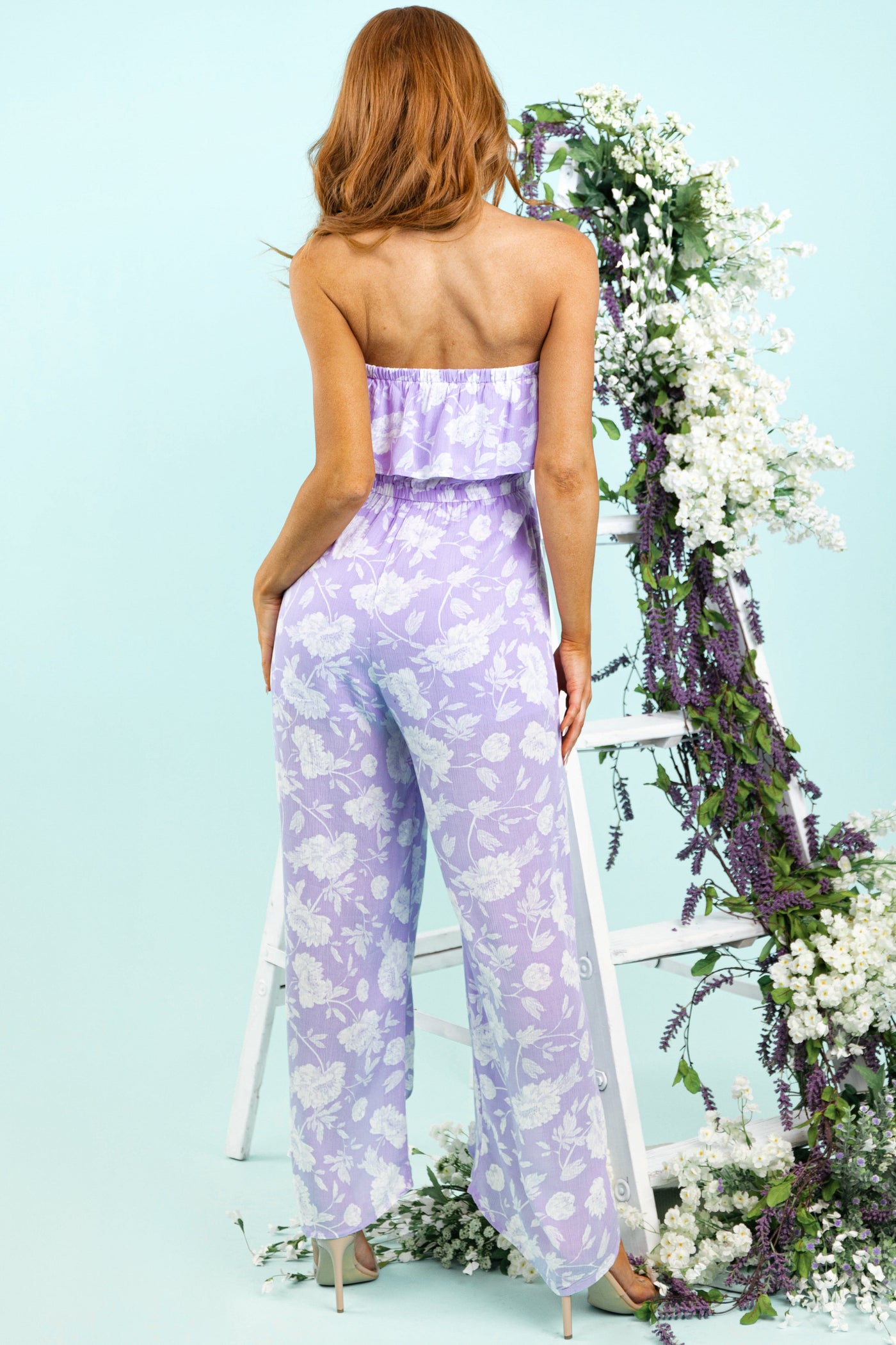 Periwinkle Floral Strapless Jumpsuit with Side Slits