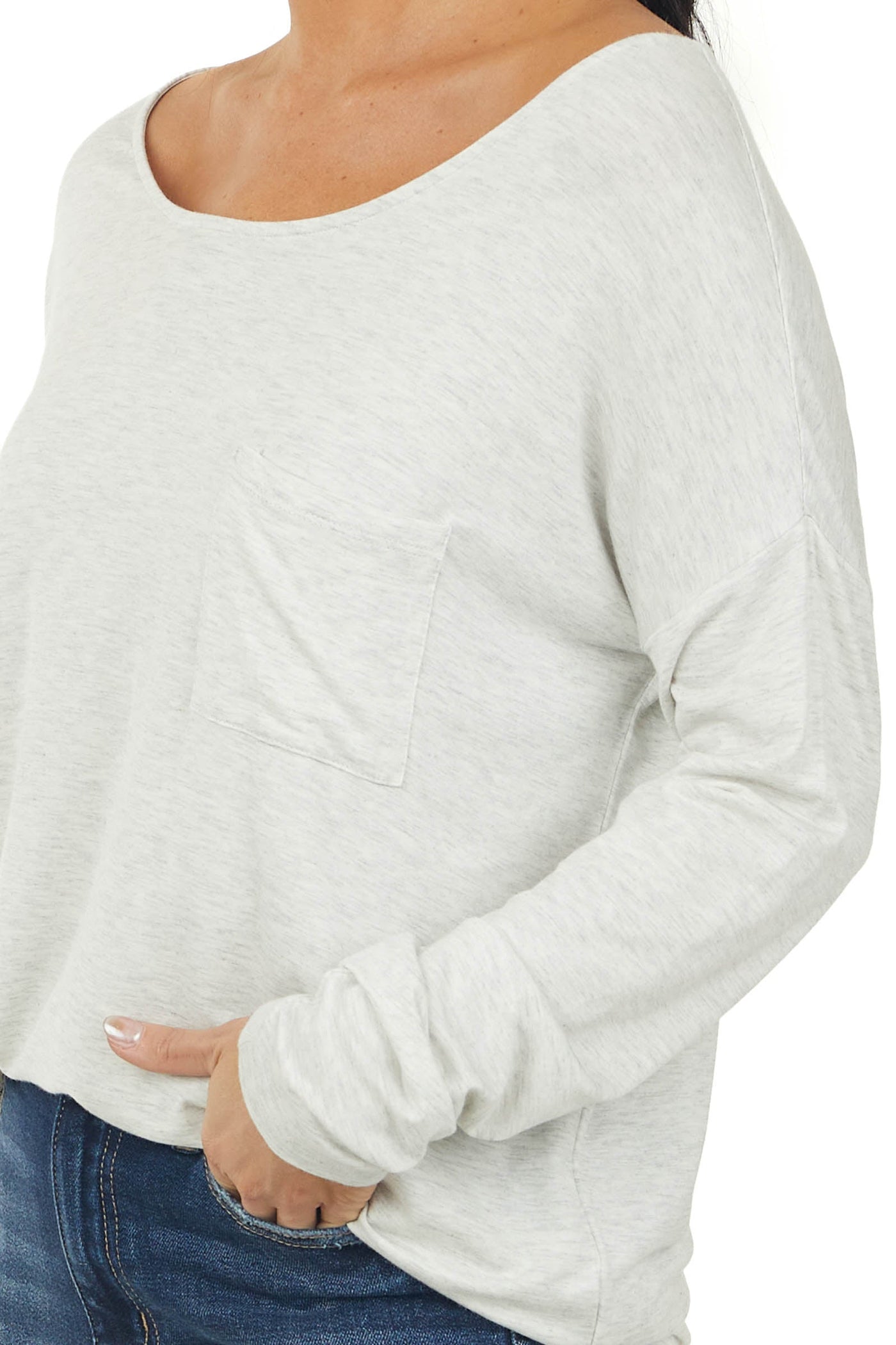 Pewter Grey Long Sleeve Knit Top with Chest Pocket