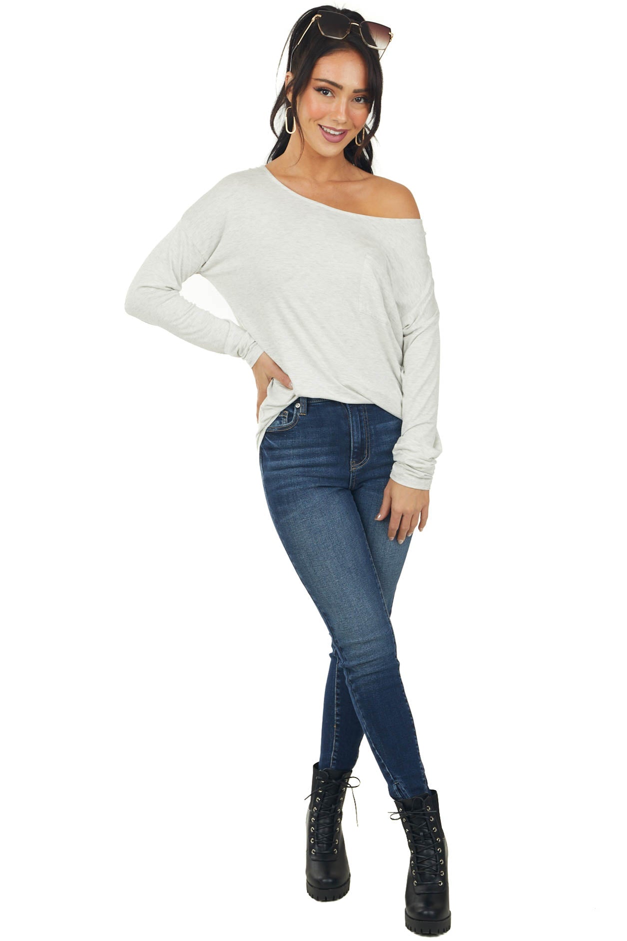 Pewter Grey Long Sleeve Knit Top with Chest Pocket