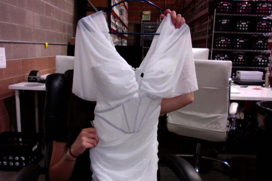 Off White Off Shoulder Mesh Detail Mini Dress