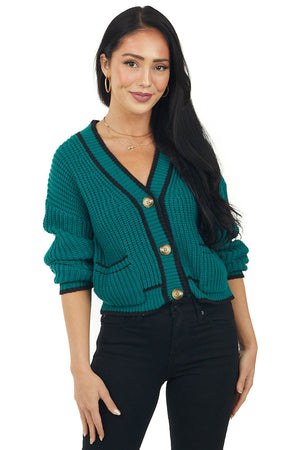 Pine Button Up Cardigan with Black Trim Details