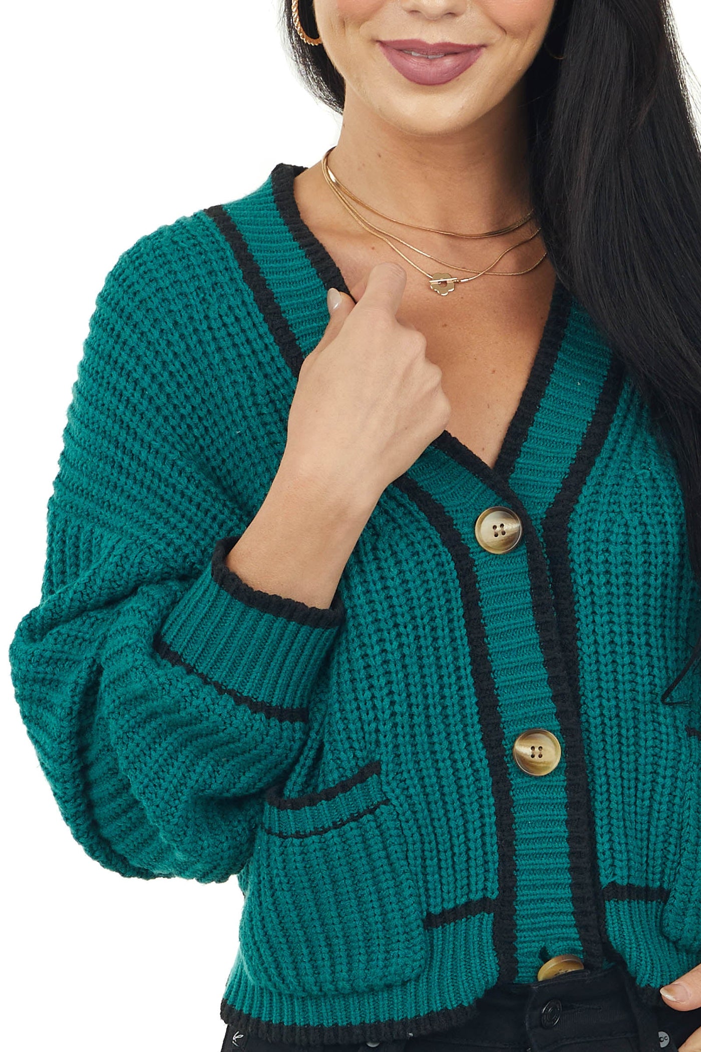 Pine Button Up Cardigan with Black Trim Details