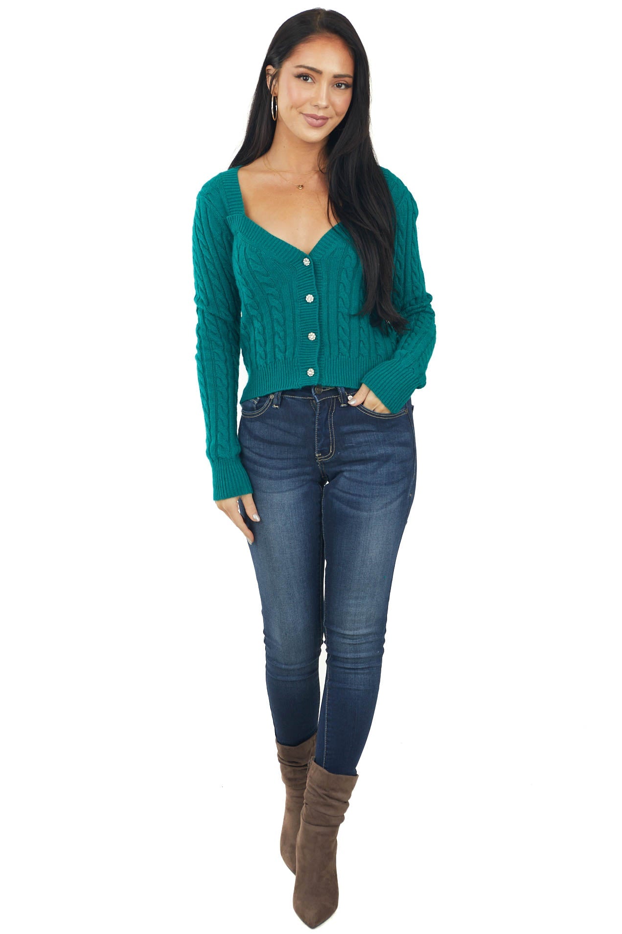 Pine Cable Knit Cardigan with Rhinestone Buttons