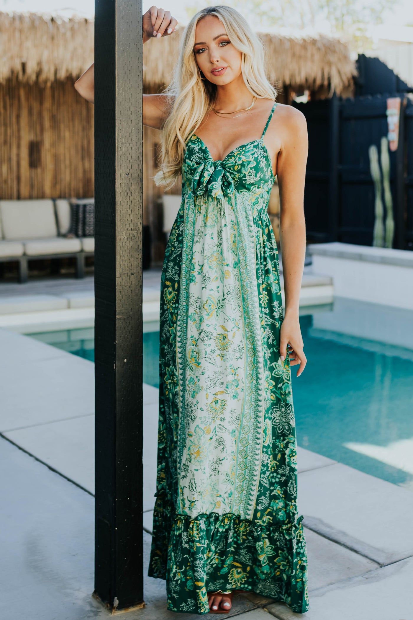 Pine Floral Sleeveless Front Tie Woven Maxi Dress