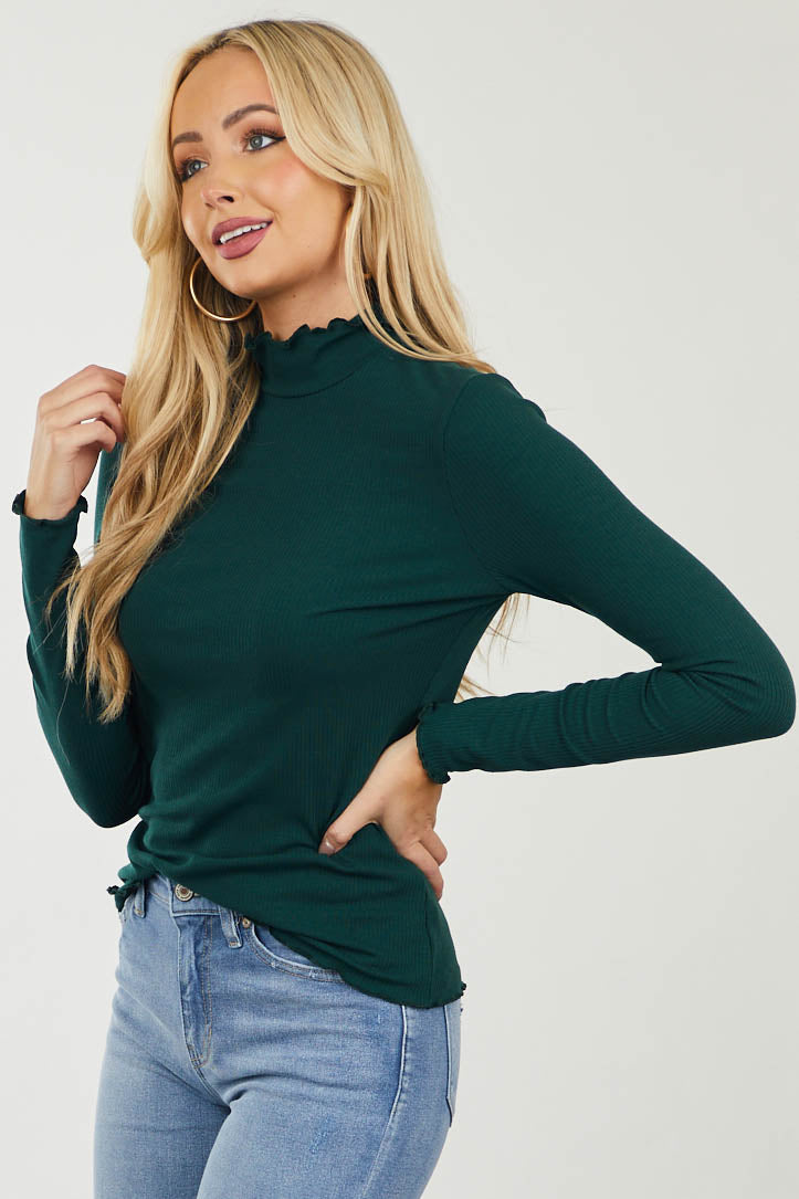 Pine Green Lettuce Trim Mock Neck Ribbed Top