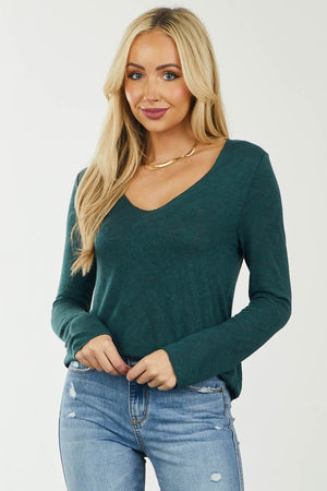 Pine Green Slub Knit Long Sleeve V Neck Top
