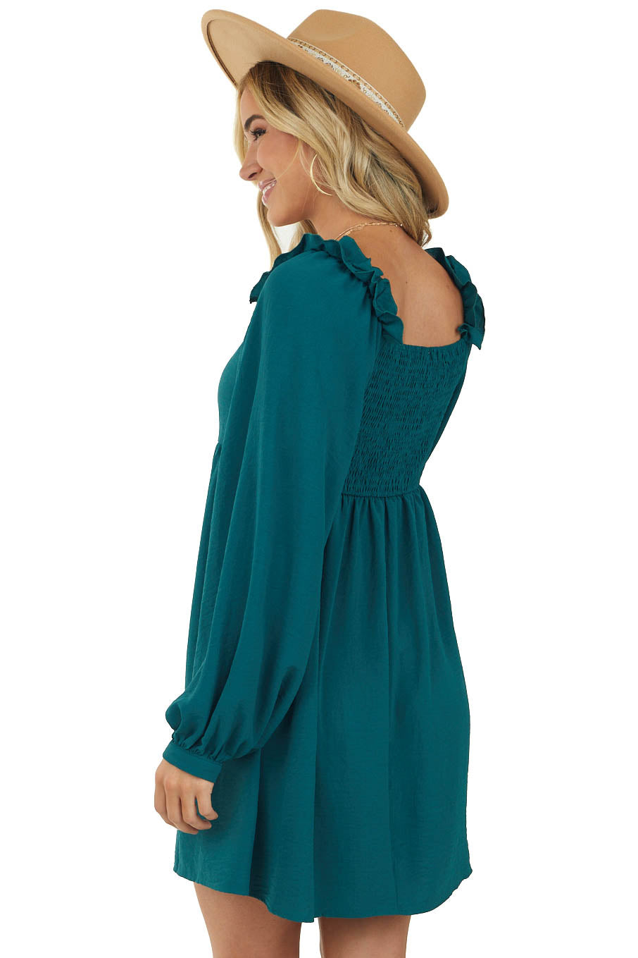 Pine Long Sleeve Woven Babydoll Short Dress