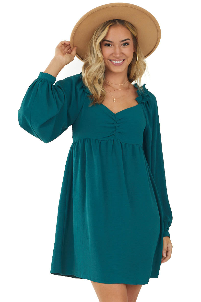 Pine Long Sleeve Woven Babydoll Short Dress