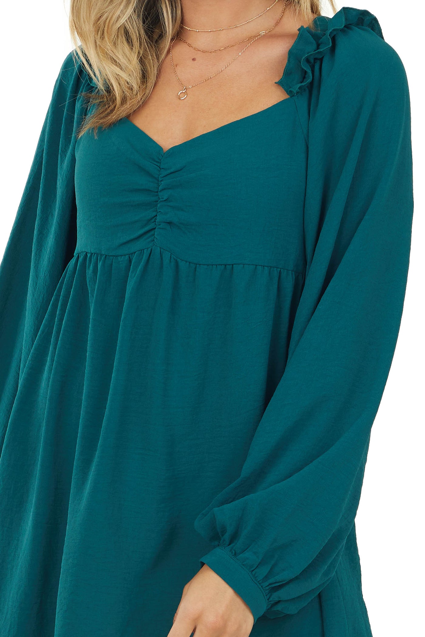 Pine Long Sleeve Woven Babydoll Short Dress