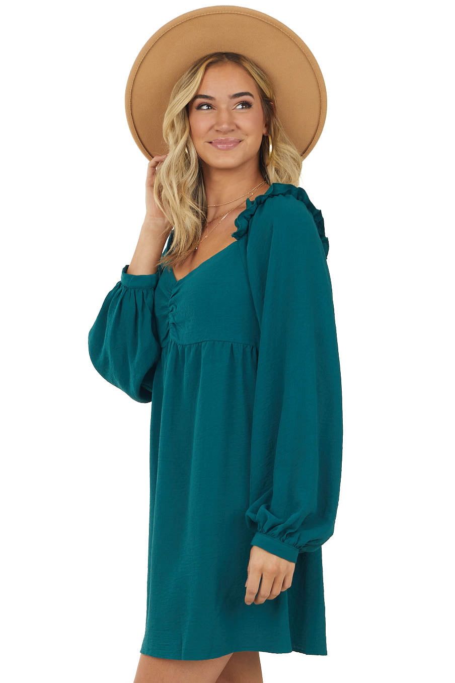 Pine Long Sleeve Woven Babydoll Short Dress