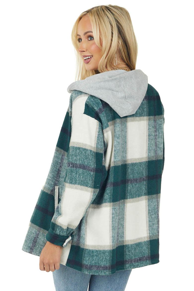 Pine Plaid Button Up Drawstring Hooded Shacket