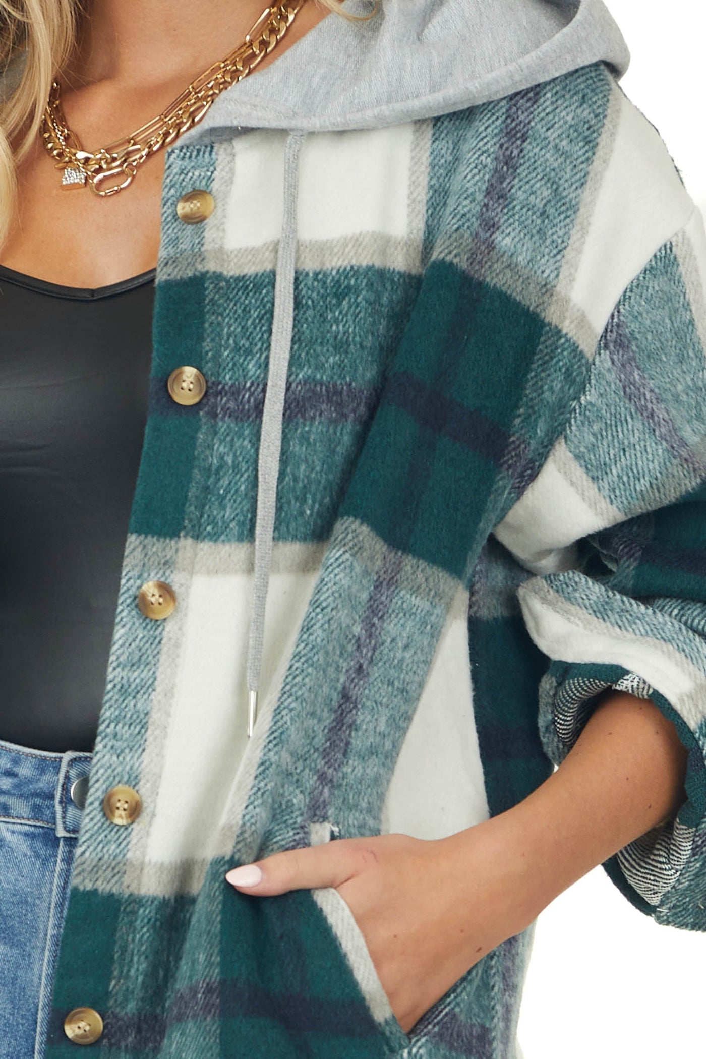 Pine Plaid Button Up Drawstring Hooded Shacket