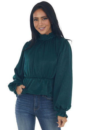 Pine Satin Mock Neck Puff Sleeve Peplum Top