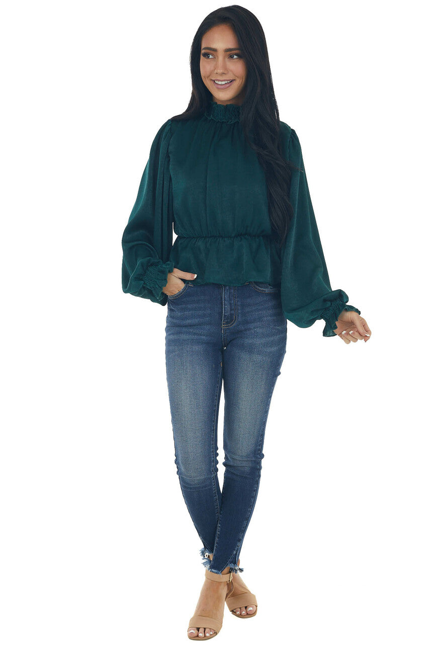 Pine Satin Mock Neck Puff Sleeve Peplum Top