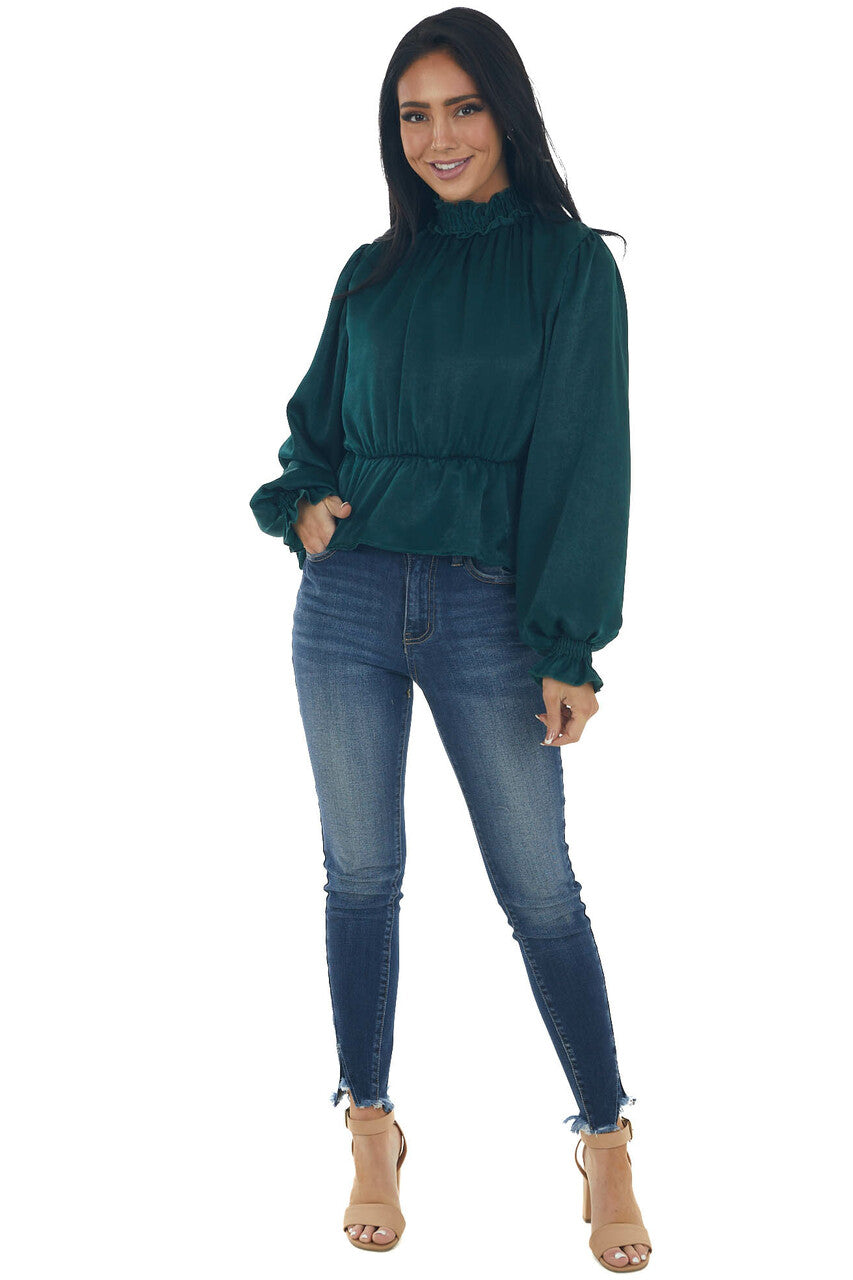 Pine Satin Mock Neck Puff Sleeve Peplum Top