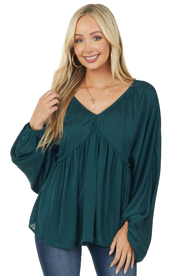 Pine Shadow Stripe Babydoll Puff Sleeve Top