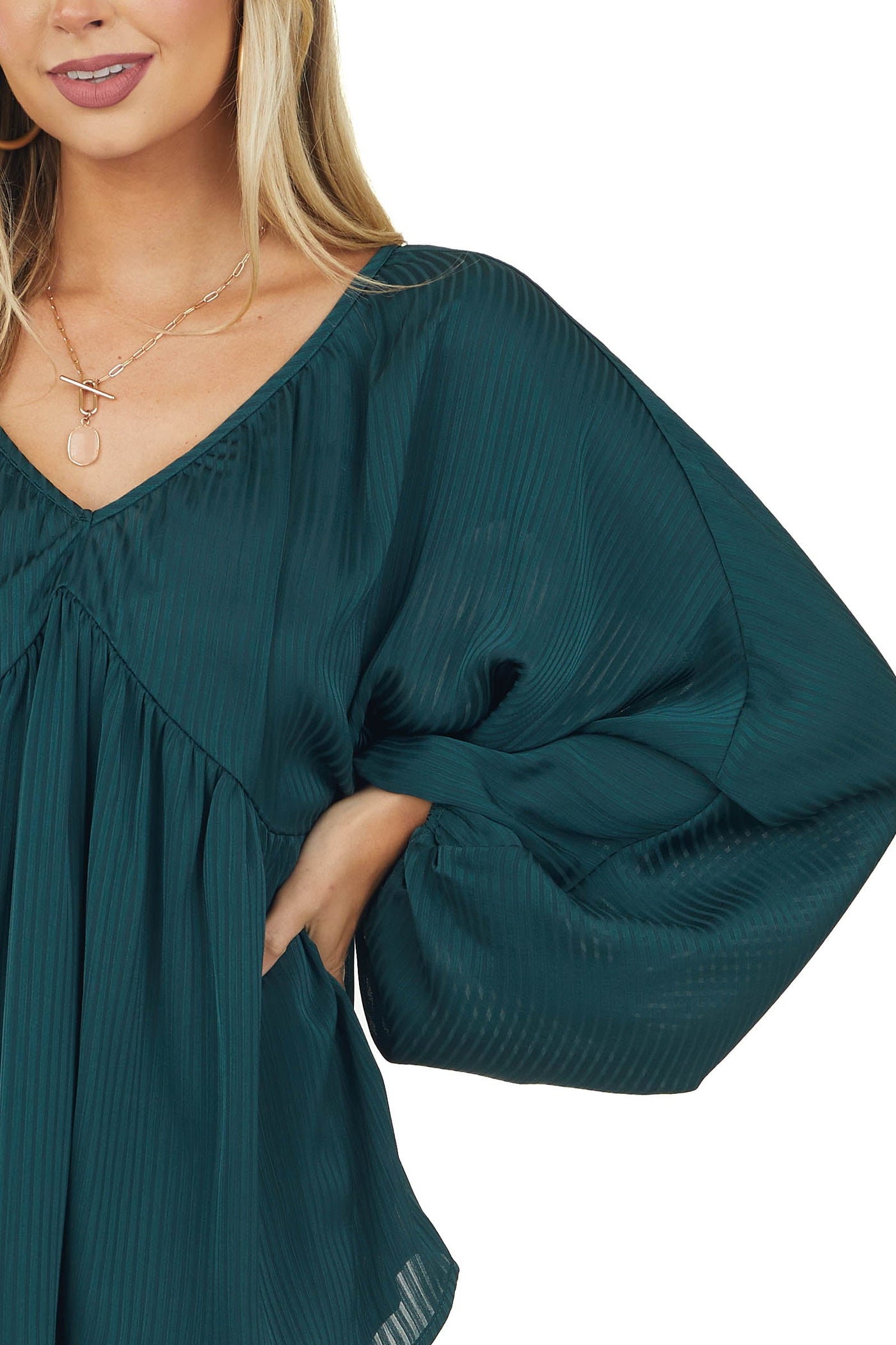 Pine Shadow Stripe Babydoll Puff Sleeve Top