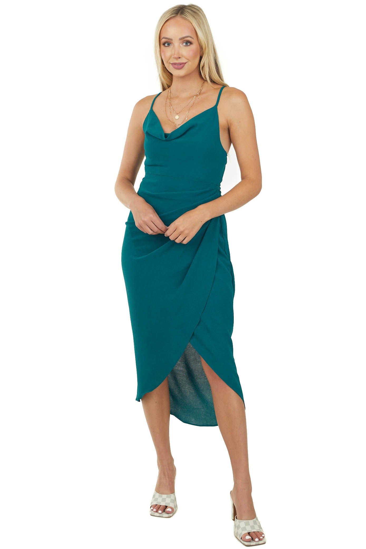 Pine Tulip Hem Cowl Neck Midi Cami Dress