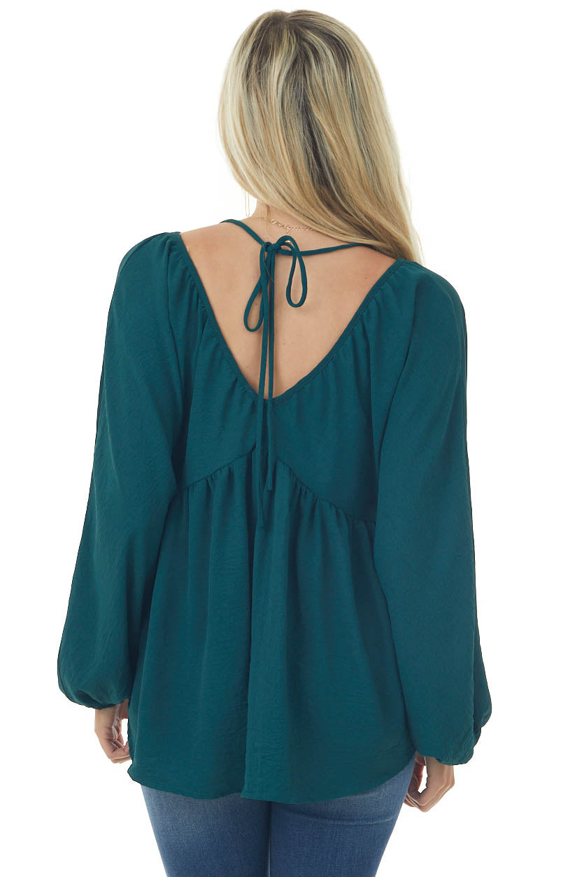 Pine V Neck Babydoll Puff Sleeve Flowy Top