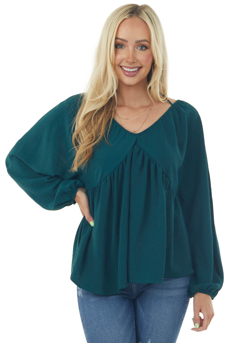Pine V Neck Babydoll Puff Sleeve Flowy Top